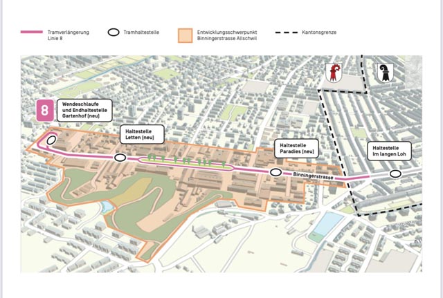 Die verlängerte Tramlinie 8 wird zum Rückgrat der Entwicklung rund um die Allschwiler Binningerstrasse. Foto: zVg