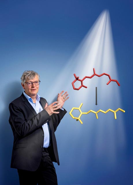 Gebhard Schertler, Leiter des PSI-Bereichs Biologie und Chemie. Mit abgebildet ist das Molekül Retinal, das beim Lichteinfall in unser Auge seine Form verändert und so den Sehvorgang in Gang setzt. Foto: Scanderbeg Sauer Photography