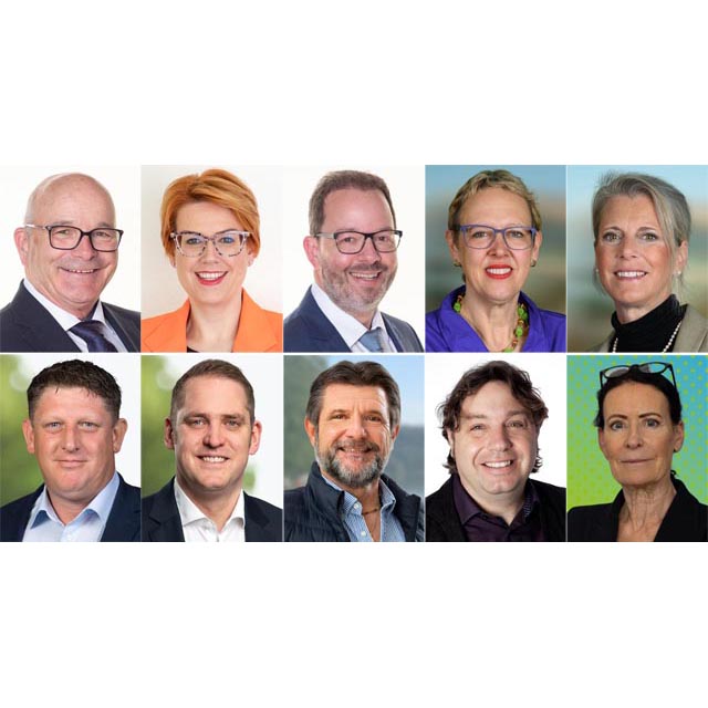 Die Gewählten: oben von links: Andy Steinacher, Désirée Stutz, Stephan Müller (alle SVP), Claudia Rohrer, Carol Binder-Meury (beide SP); unten von links: Beat Käser, TUhomas Ernst (beide FDP), Alfons P. Kaufmann (Die Mitte), Andreas Fischer (Grüne), Béa Bieber (GLP).